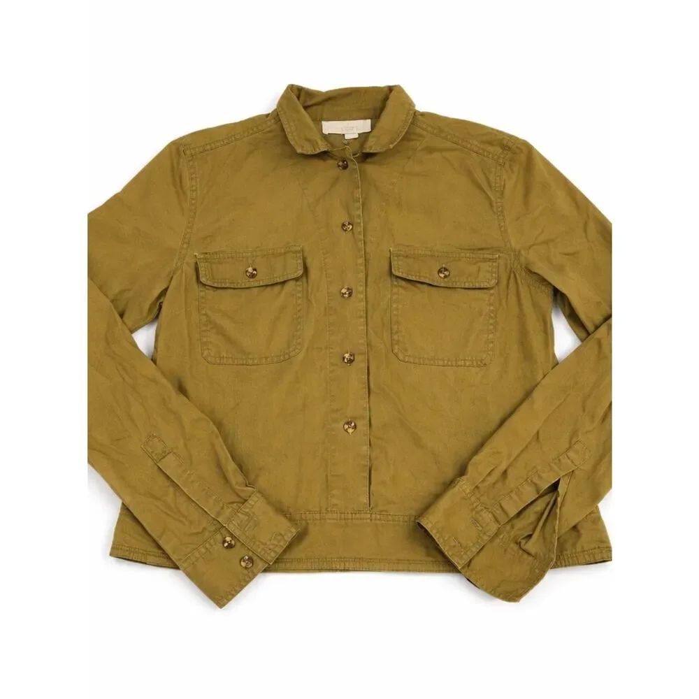 LOFT Popover Utility Button Shirt Olive Drab Green Casual Layering Relaxed XS